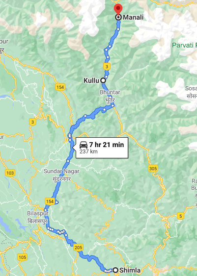 Shimla to manali via kullu road map