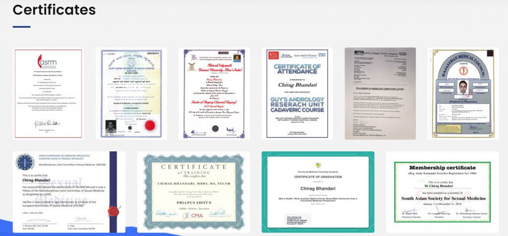 Certificates of Dr. Chirag Bhandari- best Sexologist in India