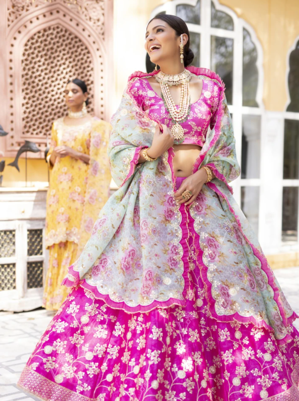 Pink Aari Gota Lehenga Choli with floral dupatta-Vasansi Jaipur