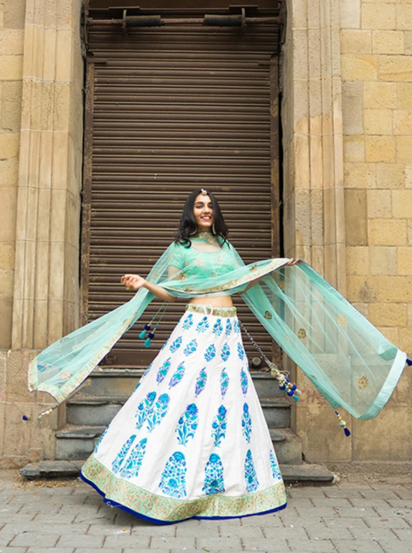 Off- White and Indigo block print lehenga Choli -Vasansi Jaipur