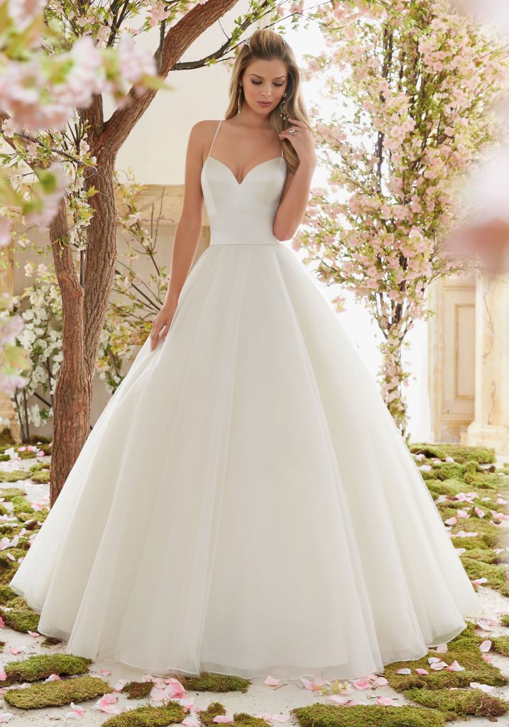 Ball gown with asymmetric tiered skirt