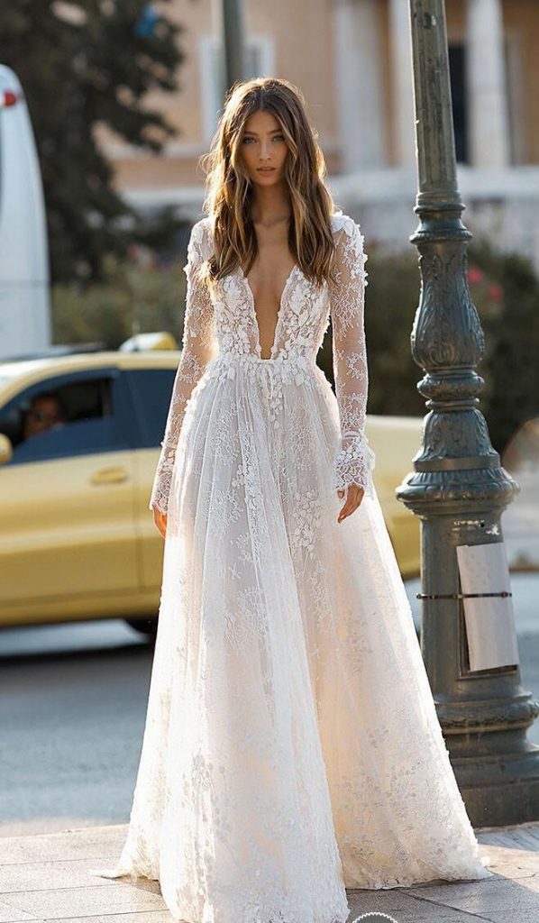 deep V-neck gown for wedding