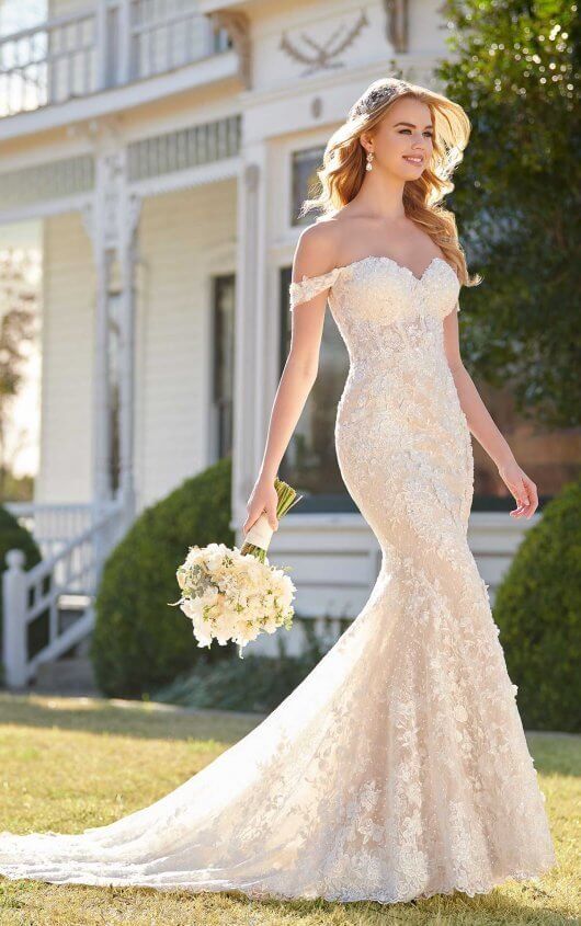 Off shoulder fit and flare gown for wedding