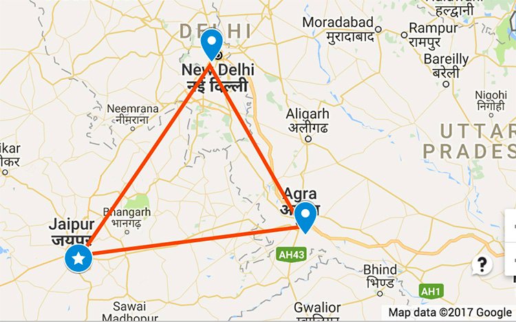 Google map screenshot of places in Golden triangle India